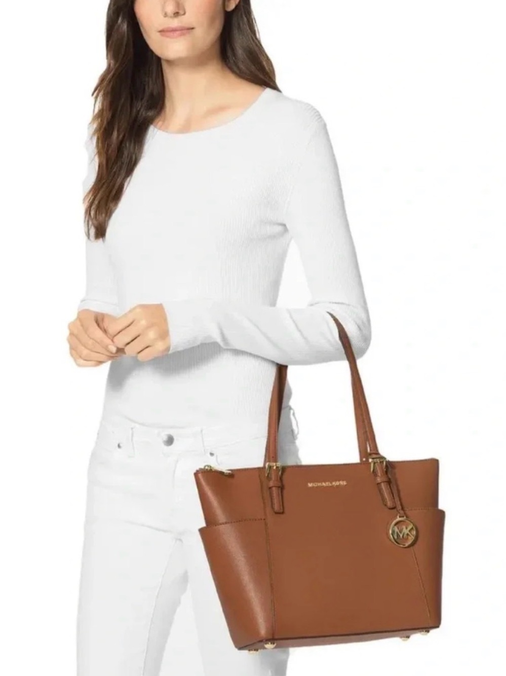 Michael Kors Brown Leather Tote with Gold Logo Charm Lever worn